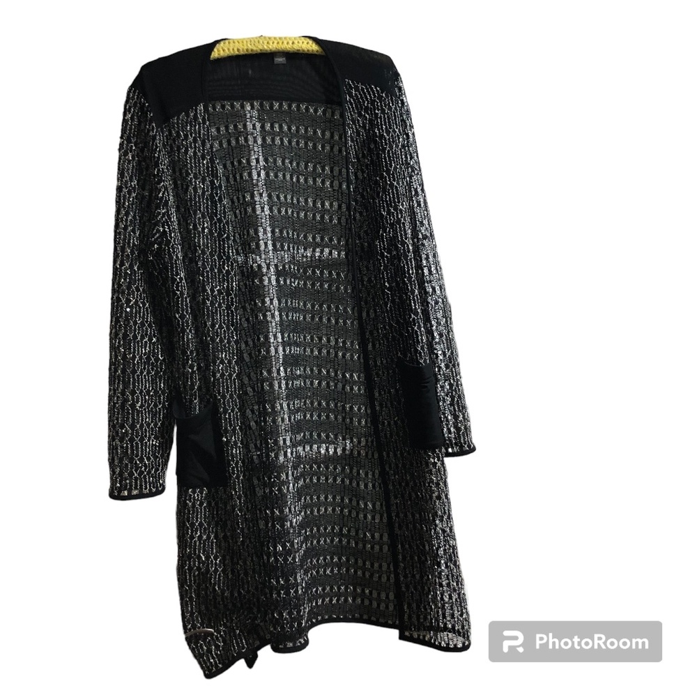 Chicos Black Crochet Duster Sequins Travelers Collection